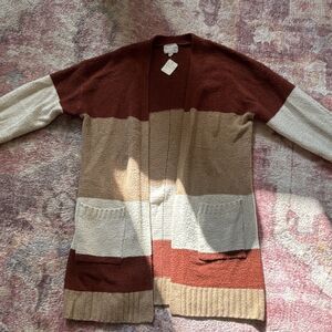 Olive + Oak Colorblock Knit Cardigan Sweater Brown Beige Cream L with Pockets